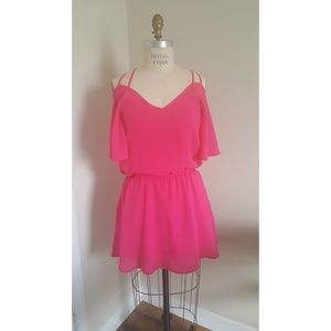 Hot pink off the shoulder spaghetti strap dress